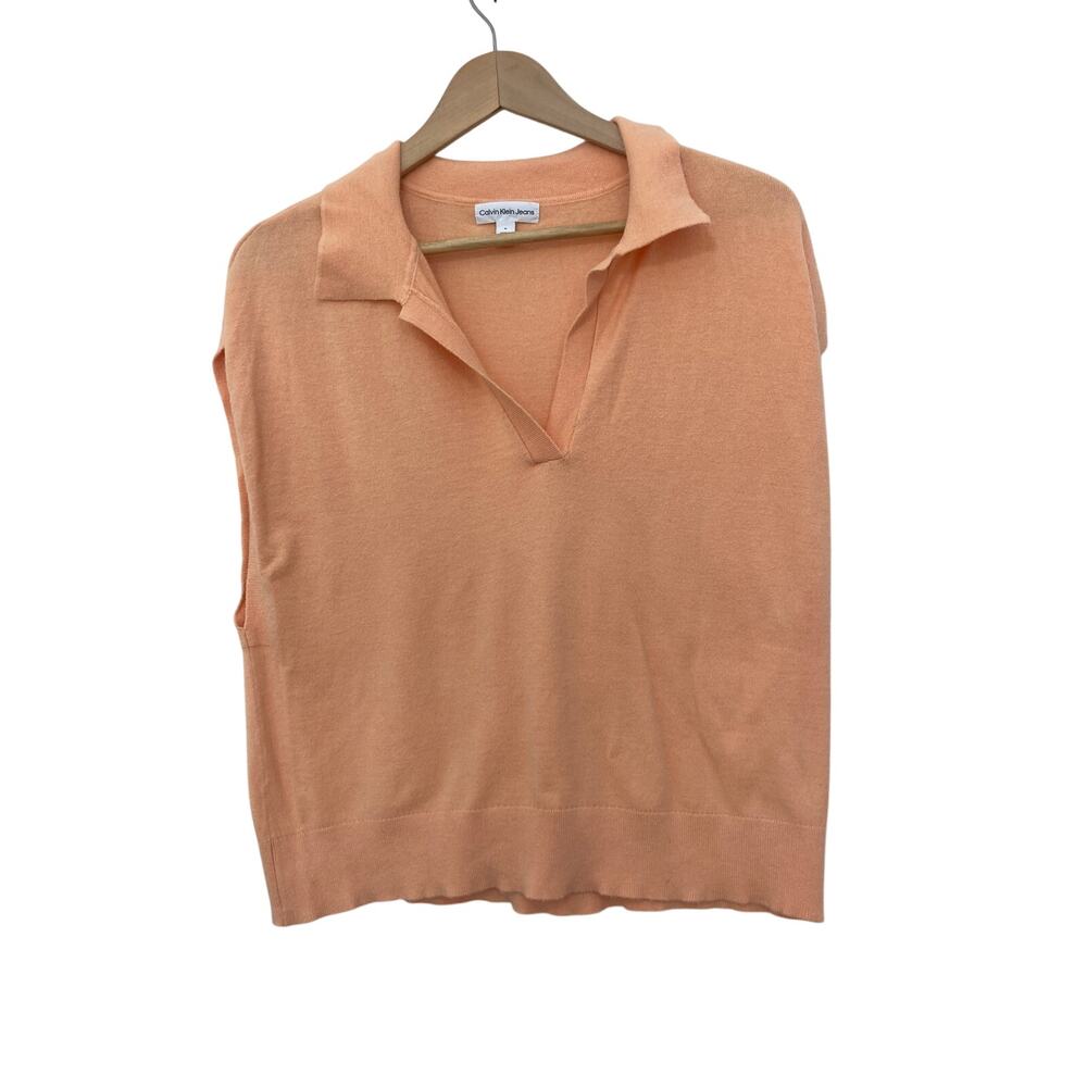 Calvin Klein Jeans Sporty Peach Orange Sleeveless Collar Polo Shirt Top Medium